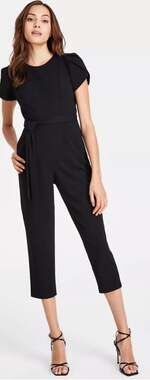 Size 8 Calvin Klein Flutter Tulip Sleeve Belted Cropped Jumpsuit in Black